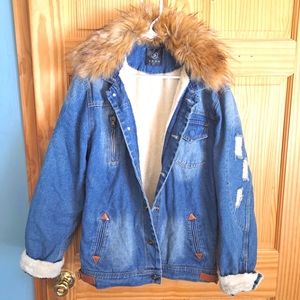 Shan Distressed Fur Jean Jacket sz 12 NWOT